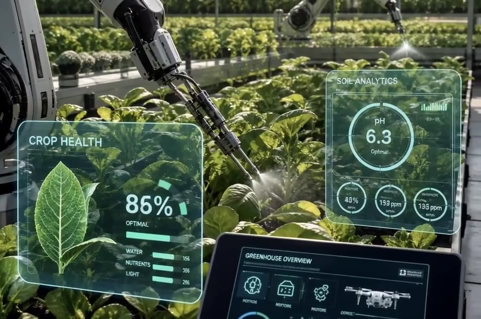 Illustrative greenhouse and intelligence-interface visual from the Mynki work tile.