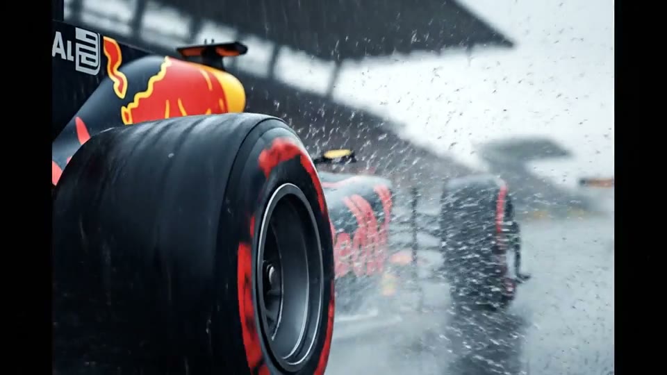 PULSE race-film still, with a rear tire and spray on a wet track.